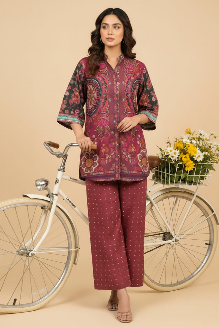 Unstitched Premium Garnet red Printed Co-Ord Set