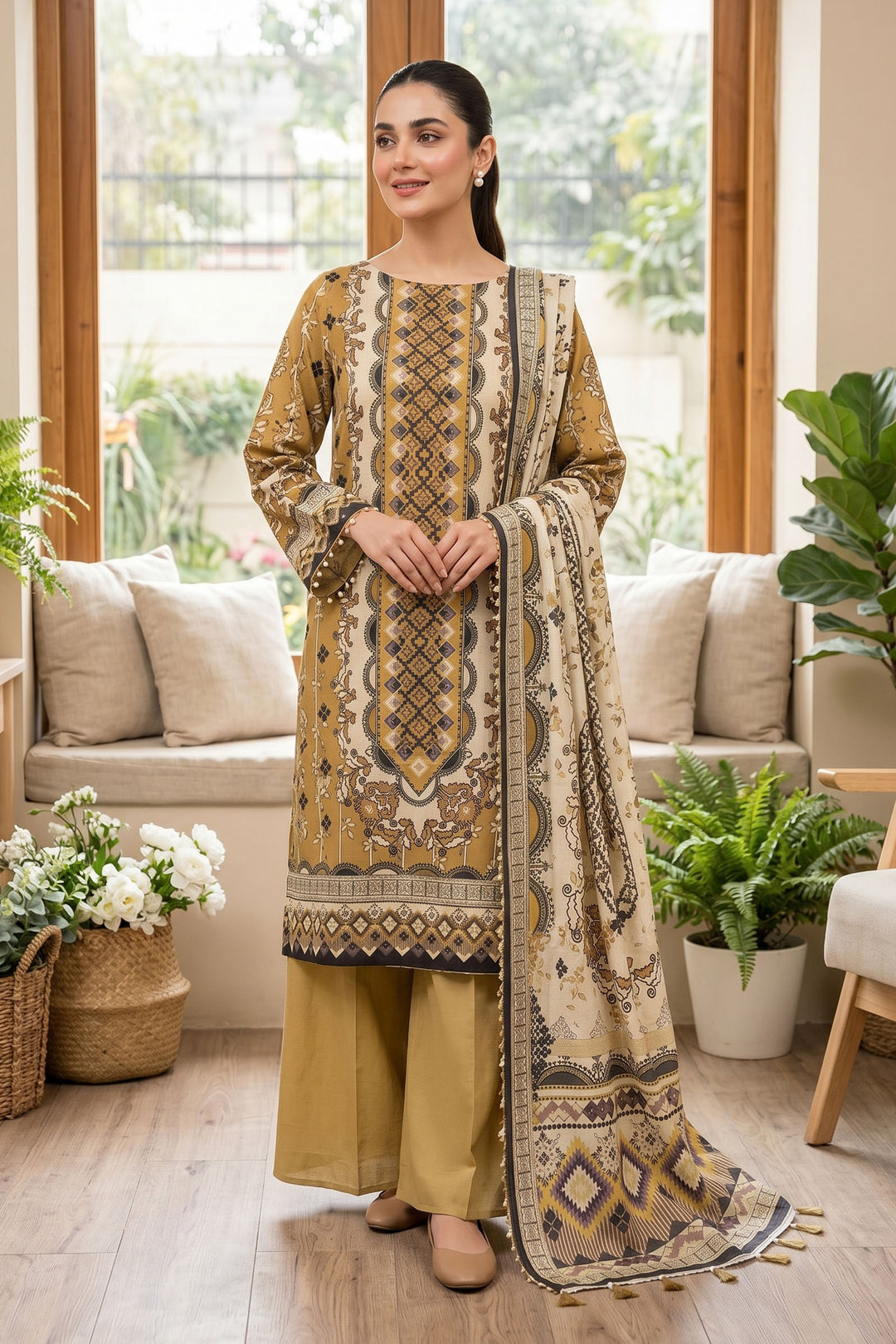 Mustard 3 Piece Unstitched Premium Printed Lawn