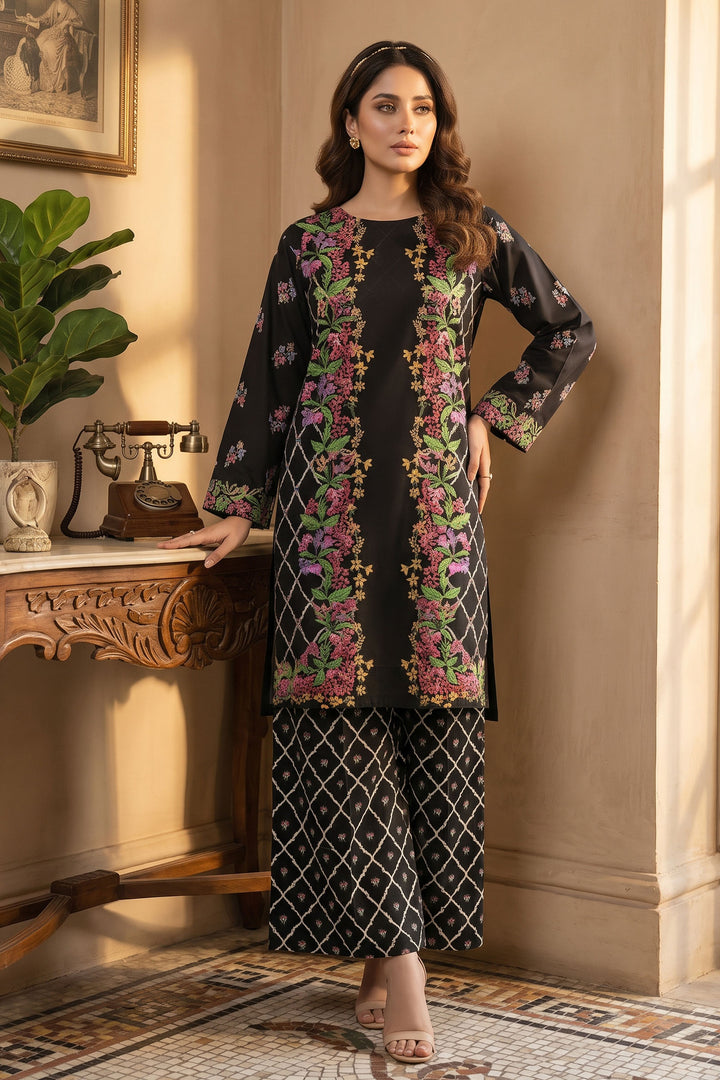 Black 2 Piece Unstitched Printed Cambric Co-Ord Set