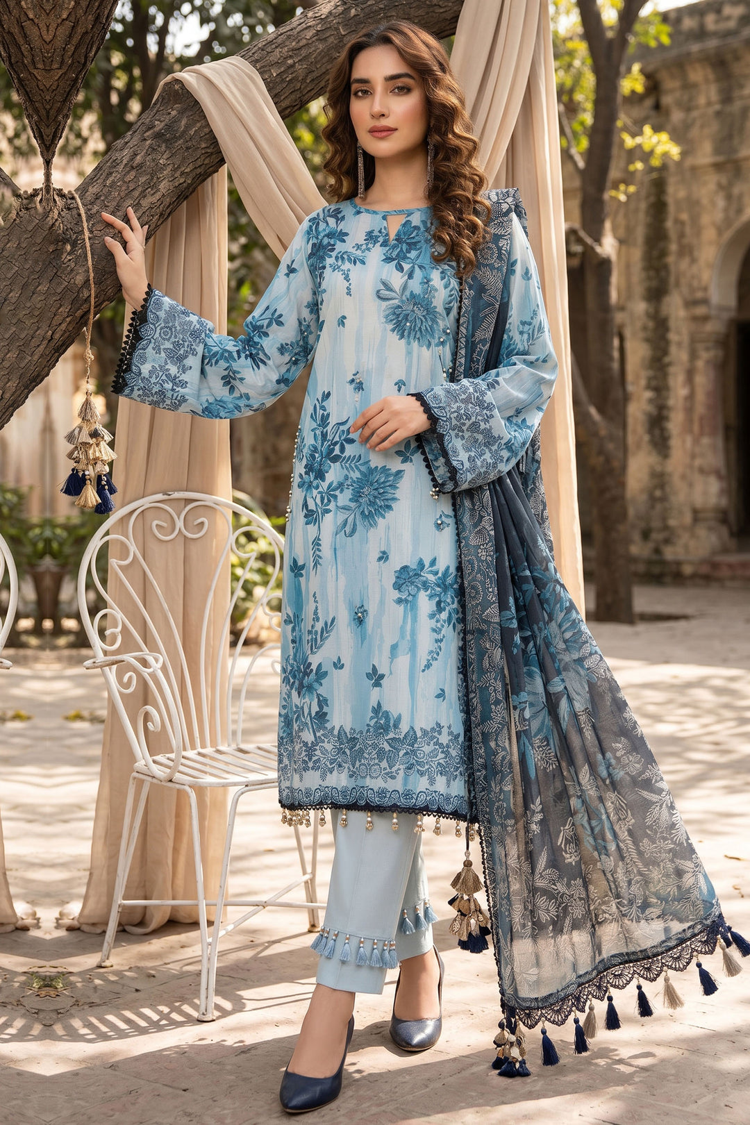 3 Piece Unstitched Blue Premium Lawn