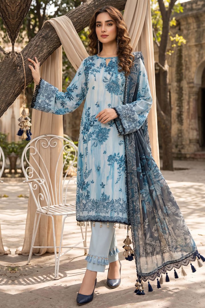 3 Piece Unstitched Blue Premium Lawn