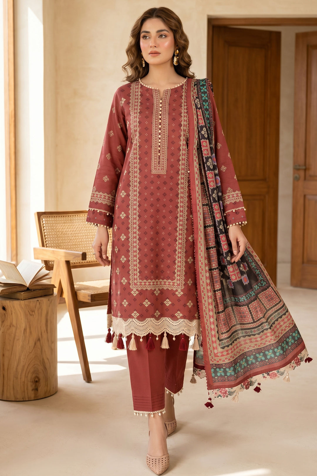 Brick Red 3 Piece Unstitched Premium Printed Lawn