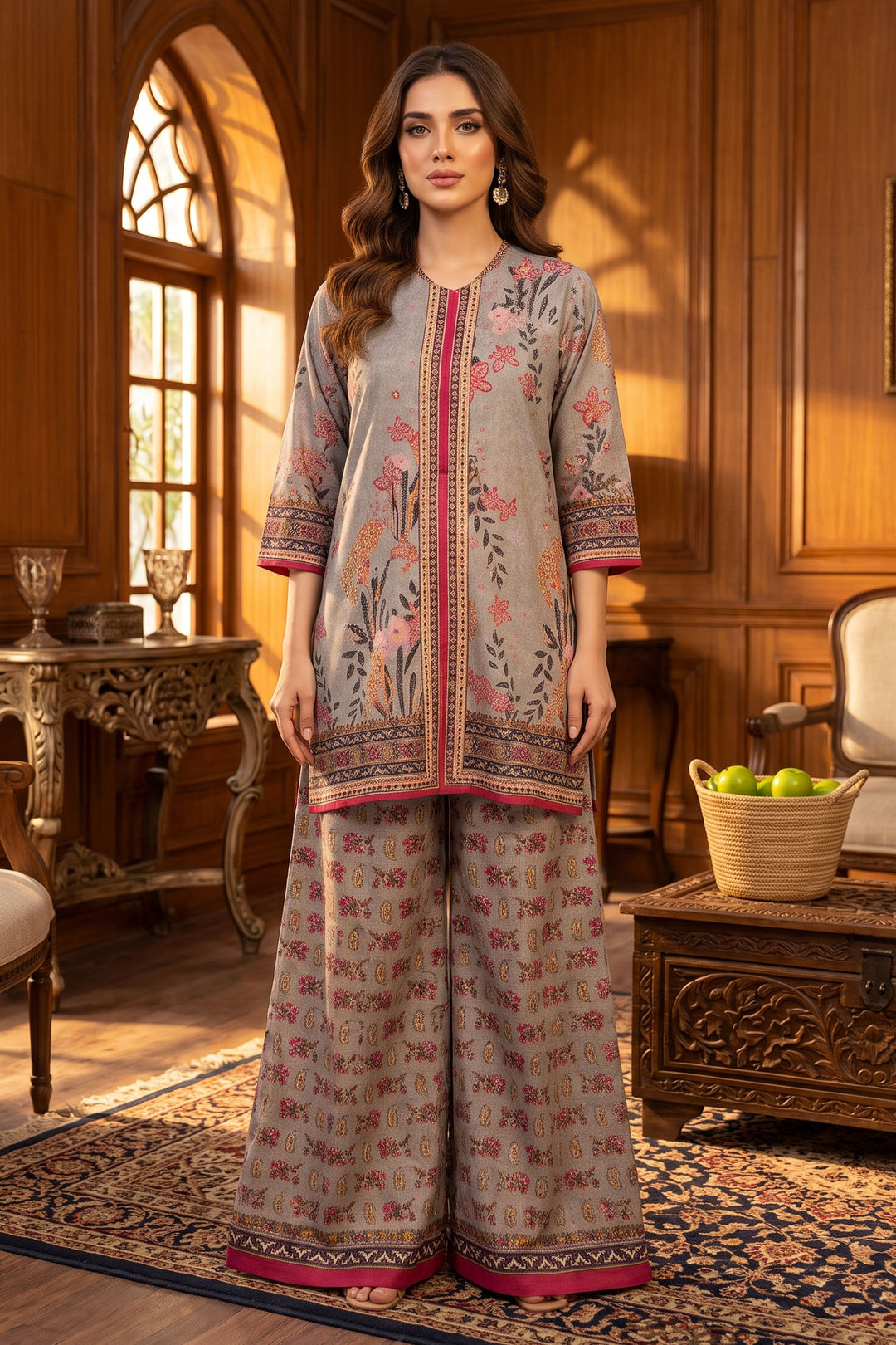 Pale Silver 2 Piece Unstitched Printed Cambric Co-Ord Set