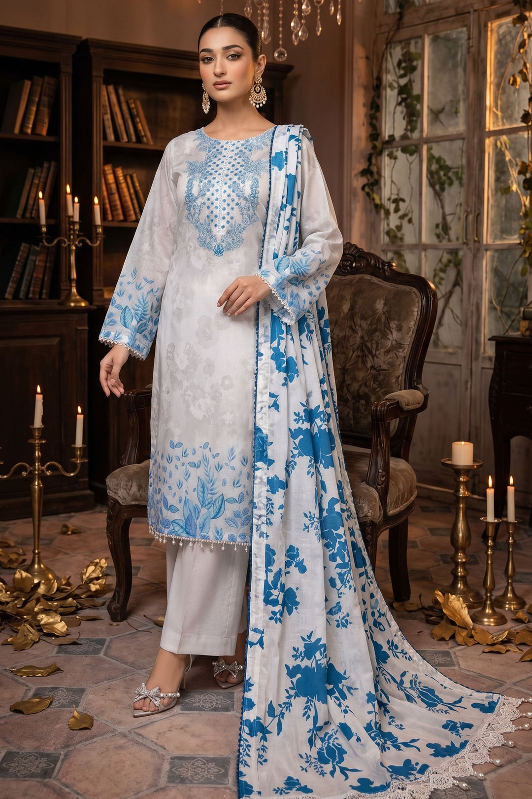3 Piece Unstitched White Premium Lawn