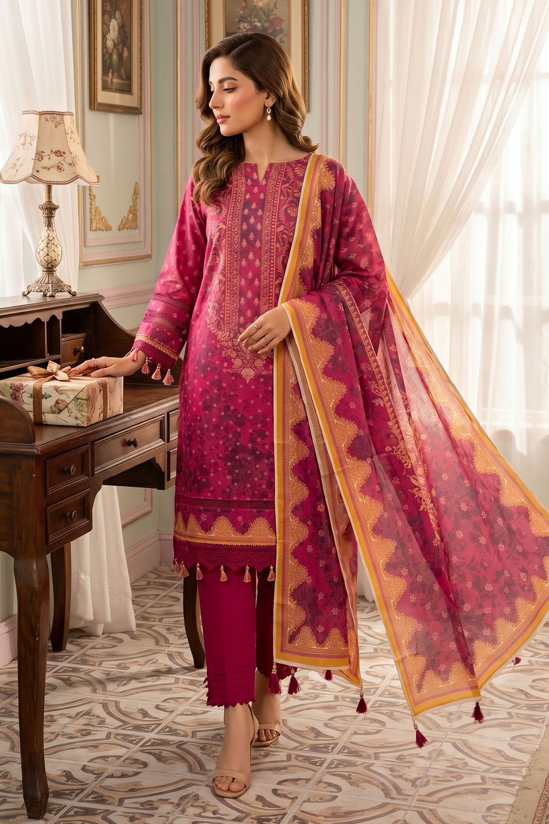Pinkish Red 3 Piece Unstitched Premium Printed Lawn