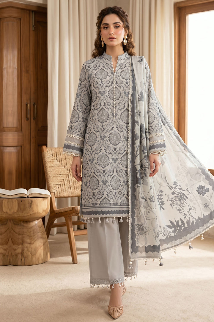 Gray 3 Piece Unstitched Premium Printed Lawn