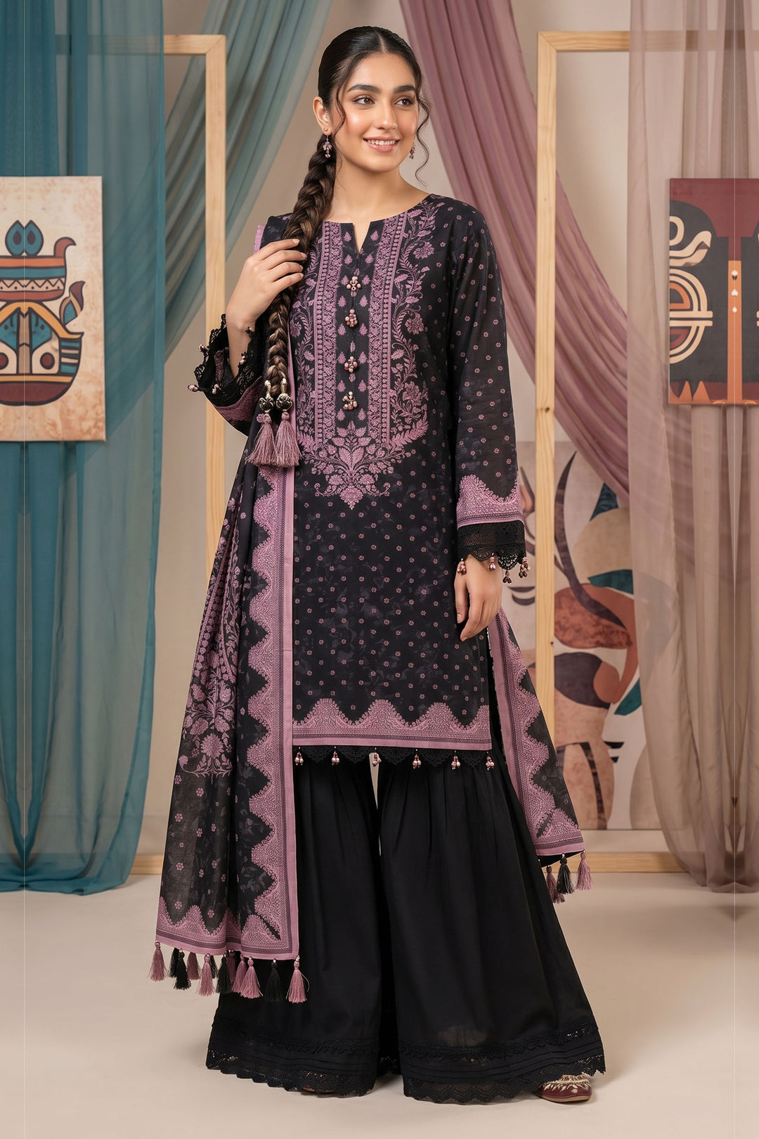 Black 3 Piece Unstitched Premium Printed Lawn