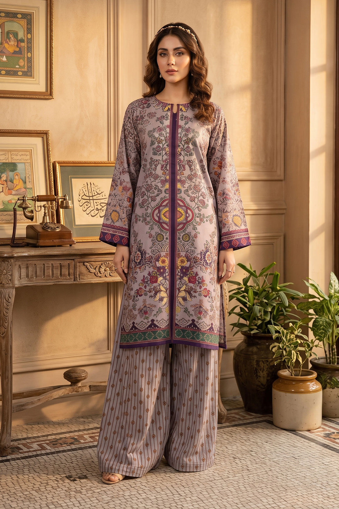 Old Lavender 2 Piece Unstitched Printed Cambric Co-Ord Set