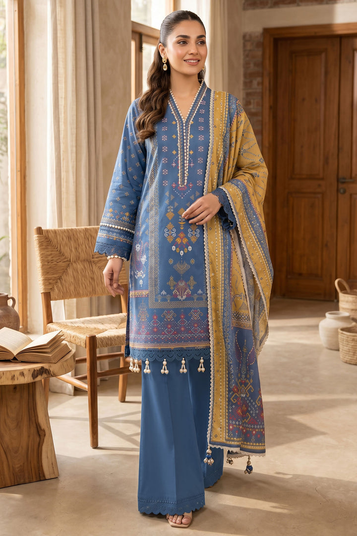 Blue 3 Piece Unstitched Premium Printed Lawn