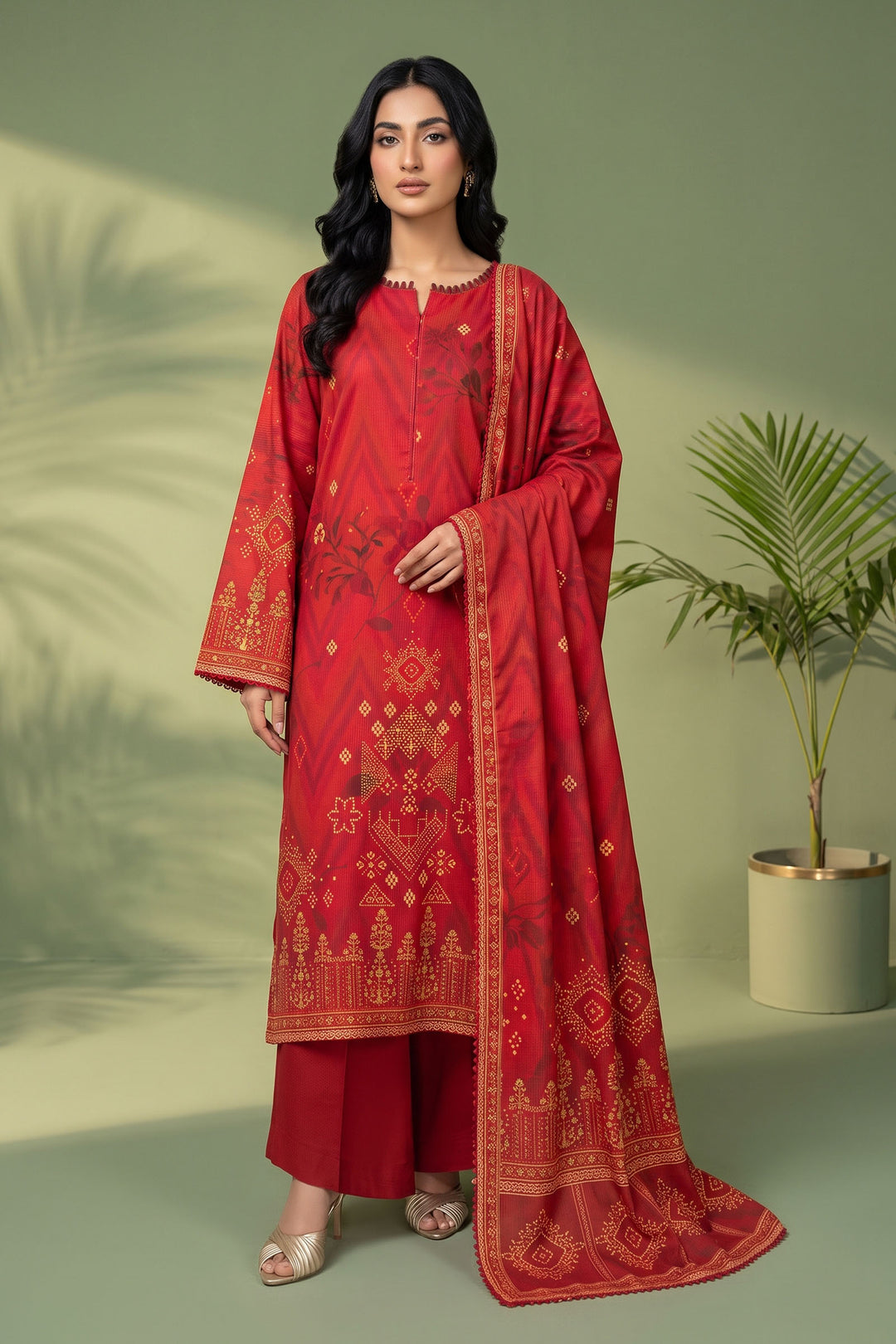 3 Piece Unstitched Red Premium Linen
