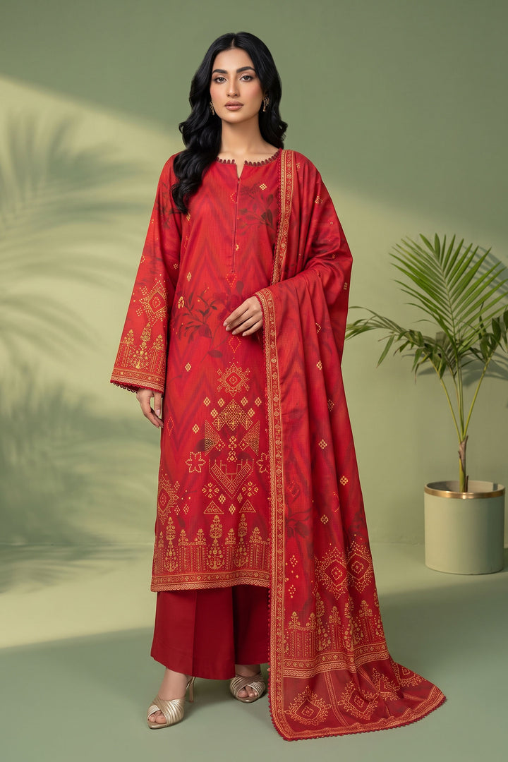 3 Piece Unstitched Red Premium Linen