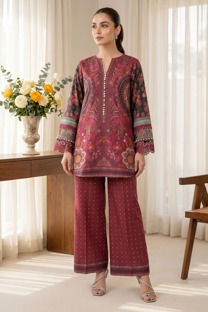 2 Piece Garnet Red Unstitched Printed Cambric Co-Ord Set