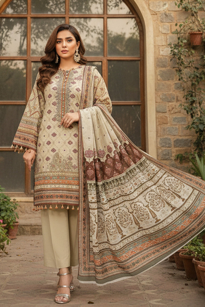 3 Piece Unstitched Beige Premium Printed Lawn