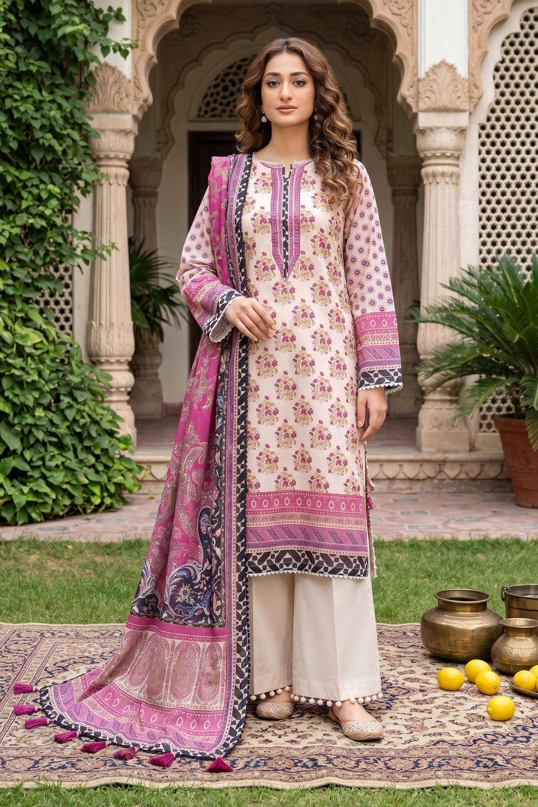 3 Piece Unstitched Beige Premium Lawn