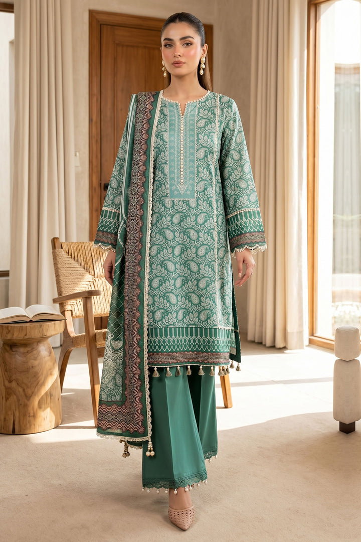 Green Cyan 3 Piece Unstitched Premium Printed Lawn