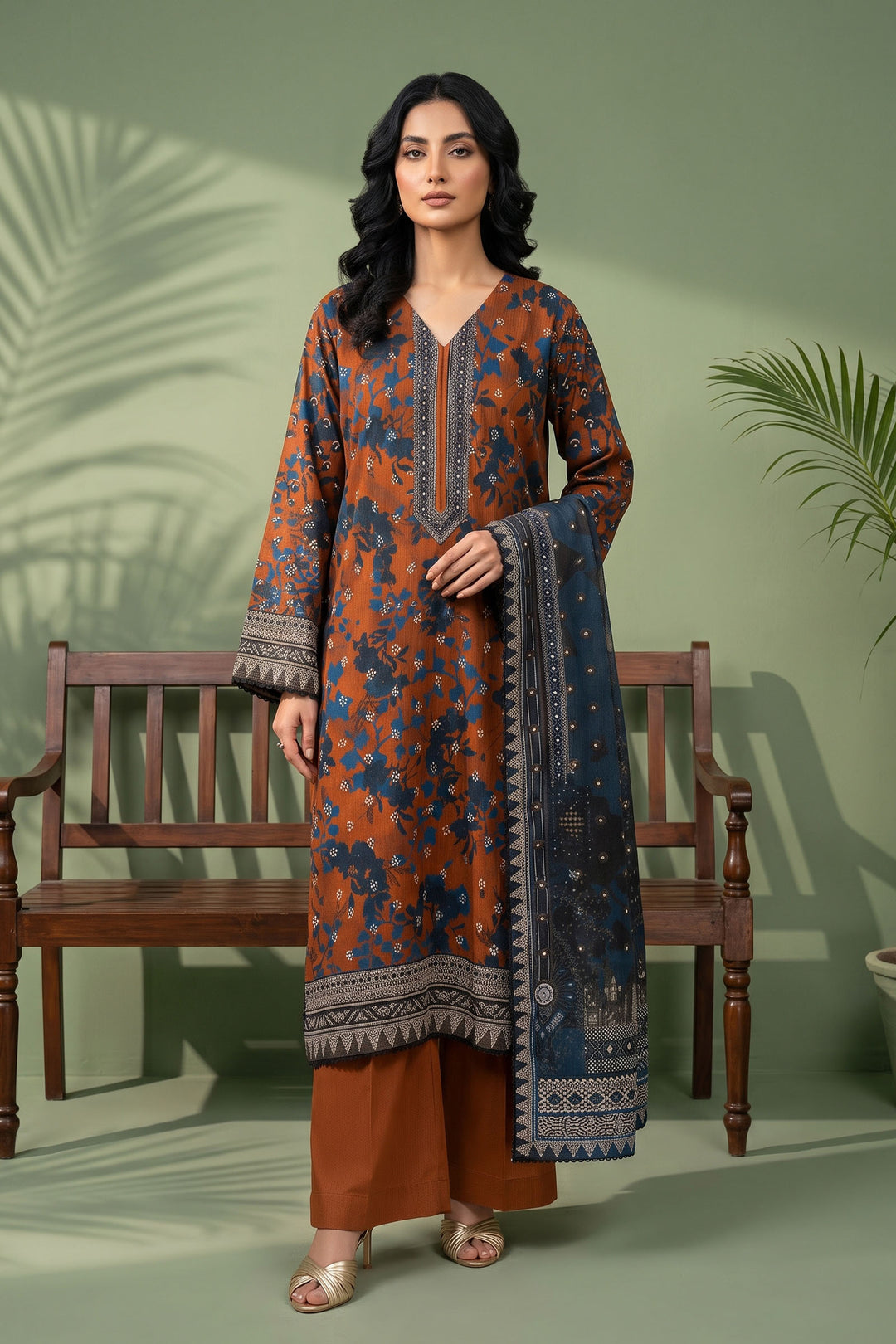3 Piece Unstitched Brown Premium Linen