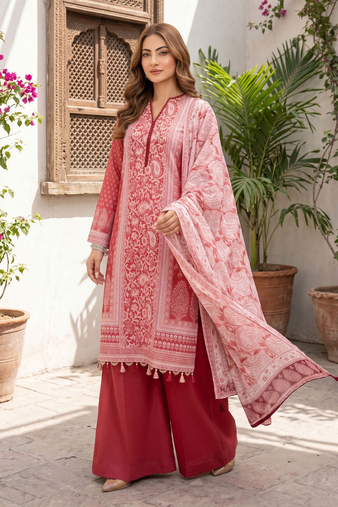 3 Piece Unstitched Red Premium Lawn