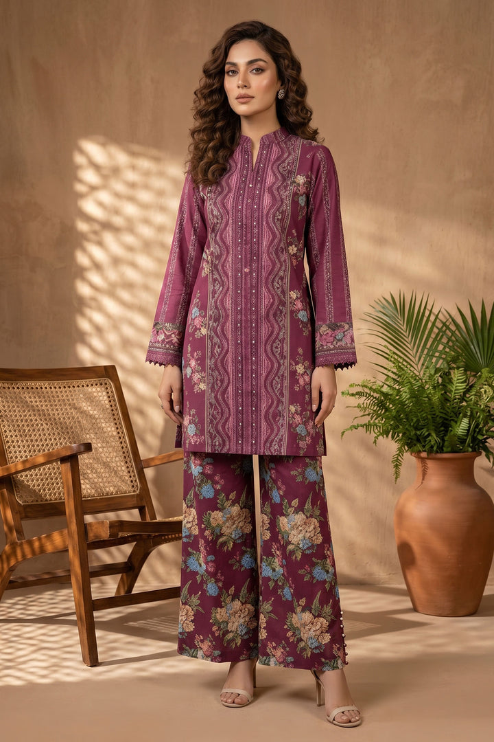 Wine 2 Piece Unstitched Printed Cambric Co-Ord Set