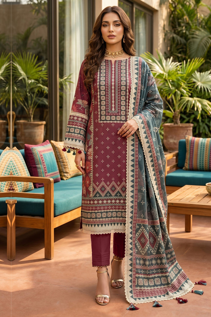 Wine 3 Piece Unstitched Premium Printed Lawn