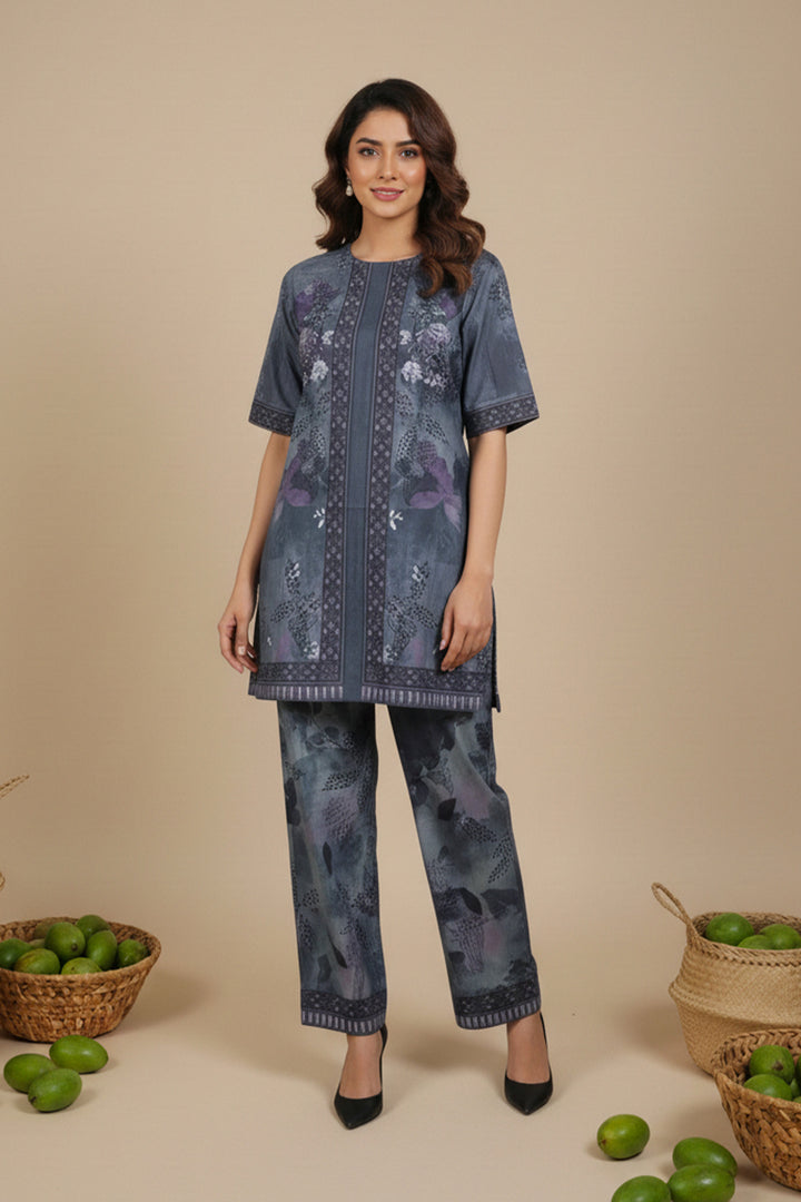 Gray 2 Pc Unstitched Printed Cambric Co-Ord Set