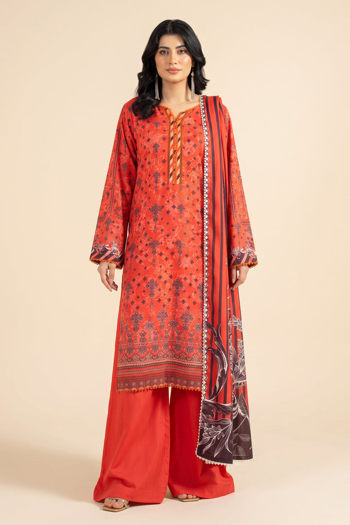 Unstitched 3 Piece Premium Linen Suit - Sunset Orange