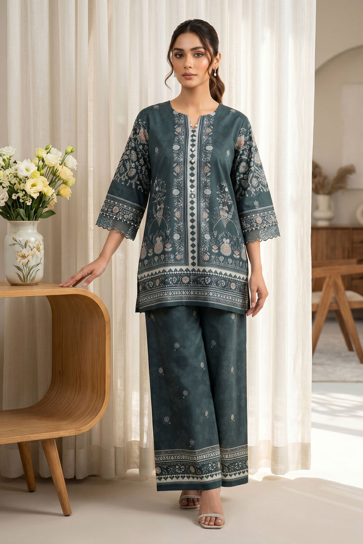 2 Piece Dark Teal Unstitched Printed Cambric Co-Ord Set