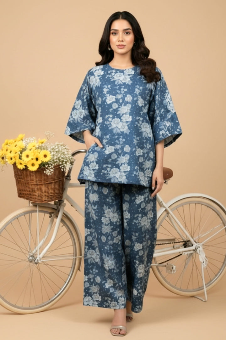 Unstitched Premium Classic Blue Printed Co-Ord Set