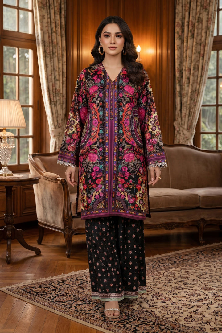 Black 2 Piece Unstitched Printed Cambric Co-Ord Set