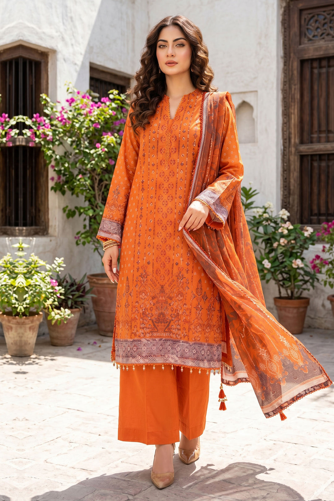 3 Piece Unstitched Orange Premium Lawn