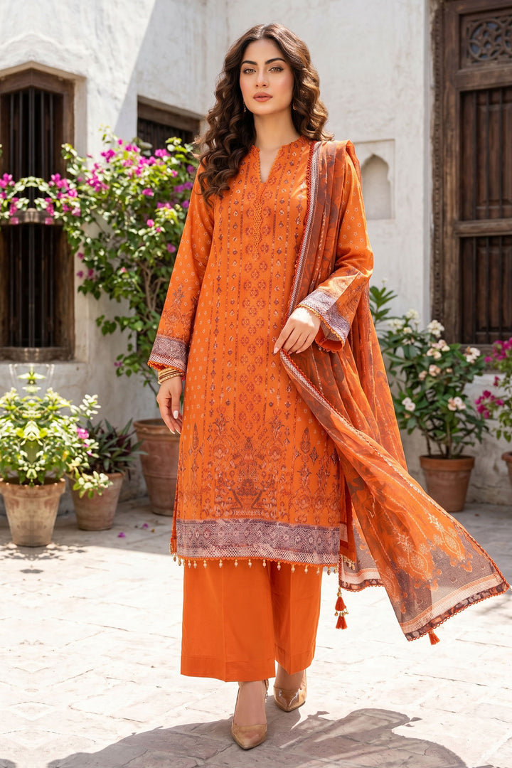 3 Piece Unstitched Orange Premium Lawn