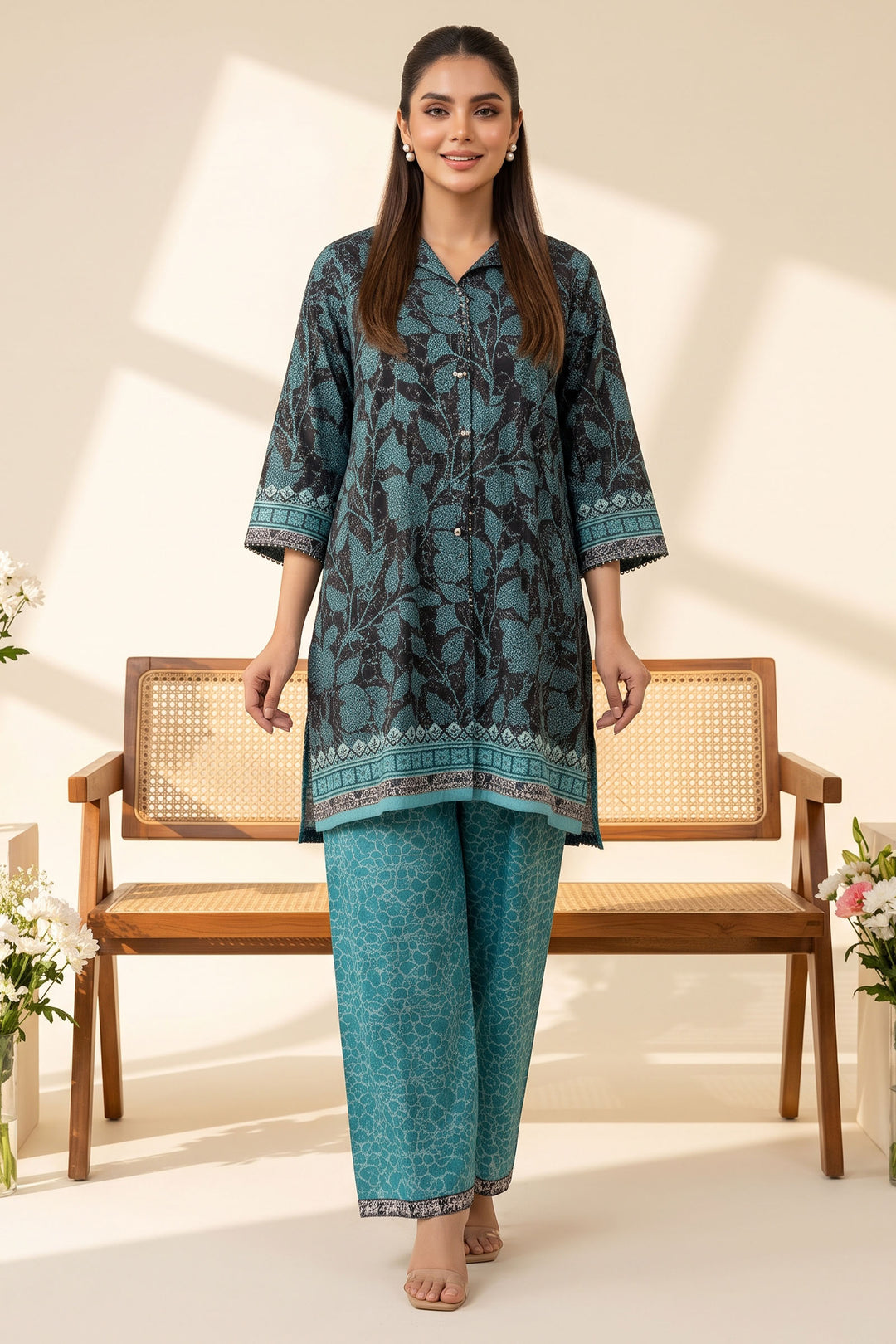 Pine Green 2 Piece Unstitched Printed Cambric Co-Ord Set