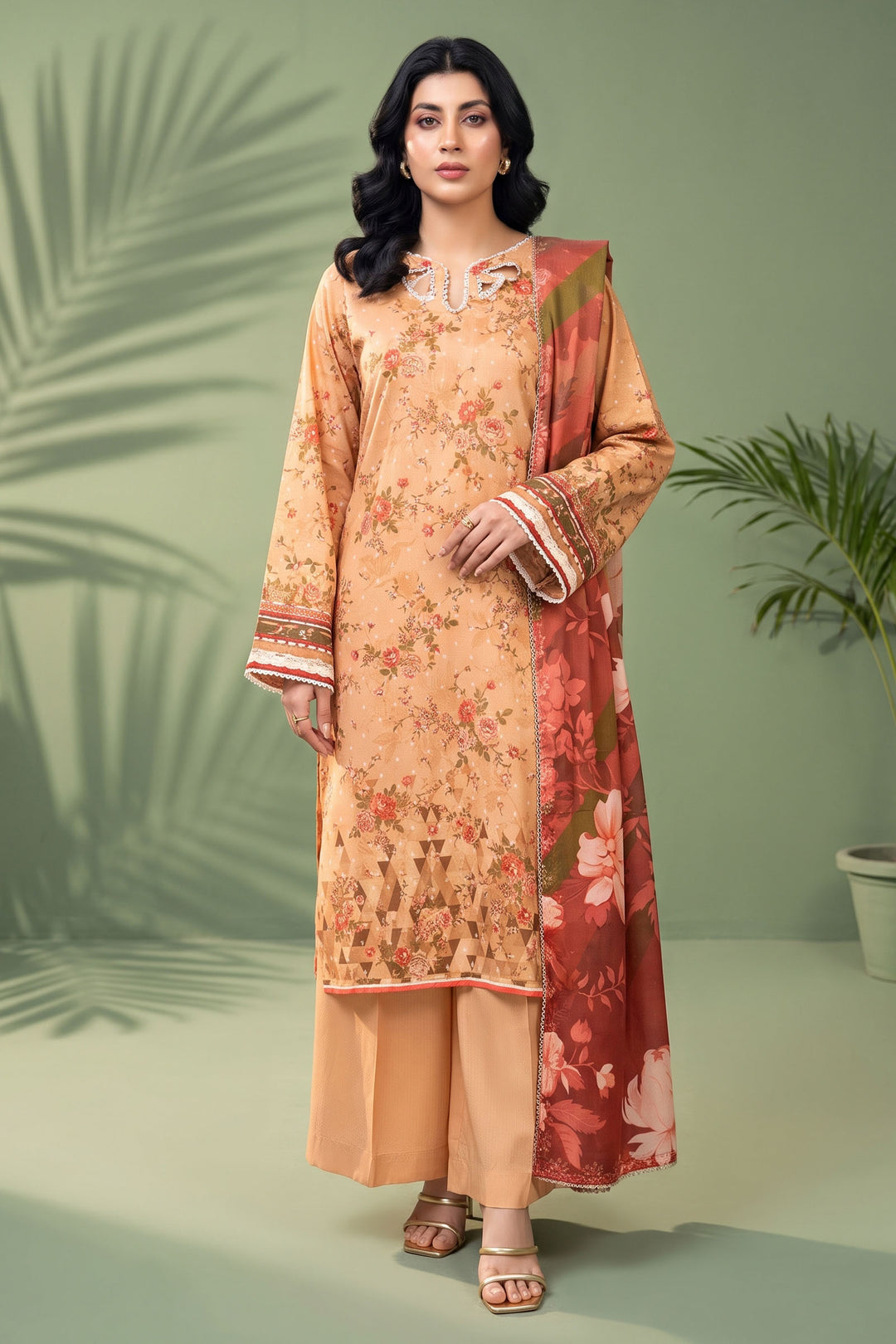 3 Piece Unstitched Orange Premium Linen