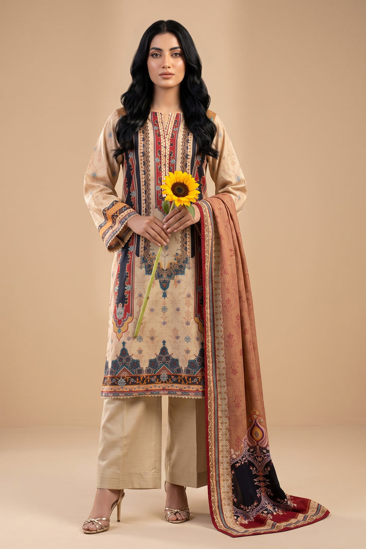 3 Piece Unstitched Beige Khaddar