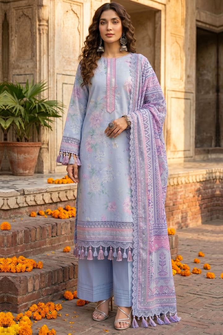 3 Piece Unstitched Sky Blue Premium Lawn