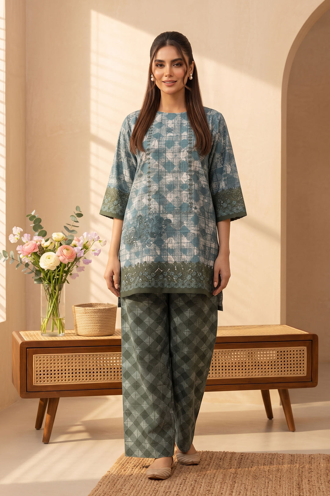 Dark Tan 2 Piece Unstitched Printed Cambric Co-Ord Set