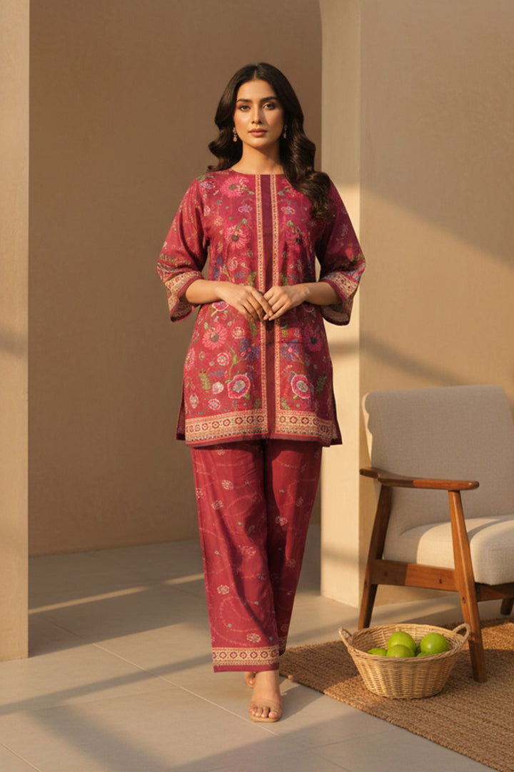 Brick Red 2 Piece Unstitched Printed Cambric Co-Ord Set
