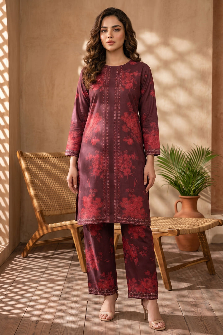 Maroon 2 Piece Unstitched Printed Cambric Co-Ord Set