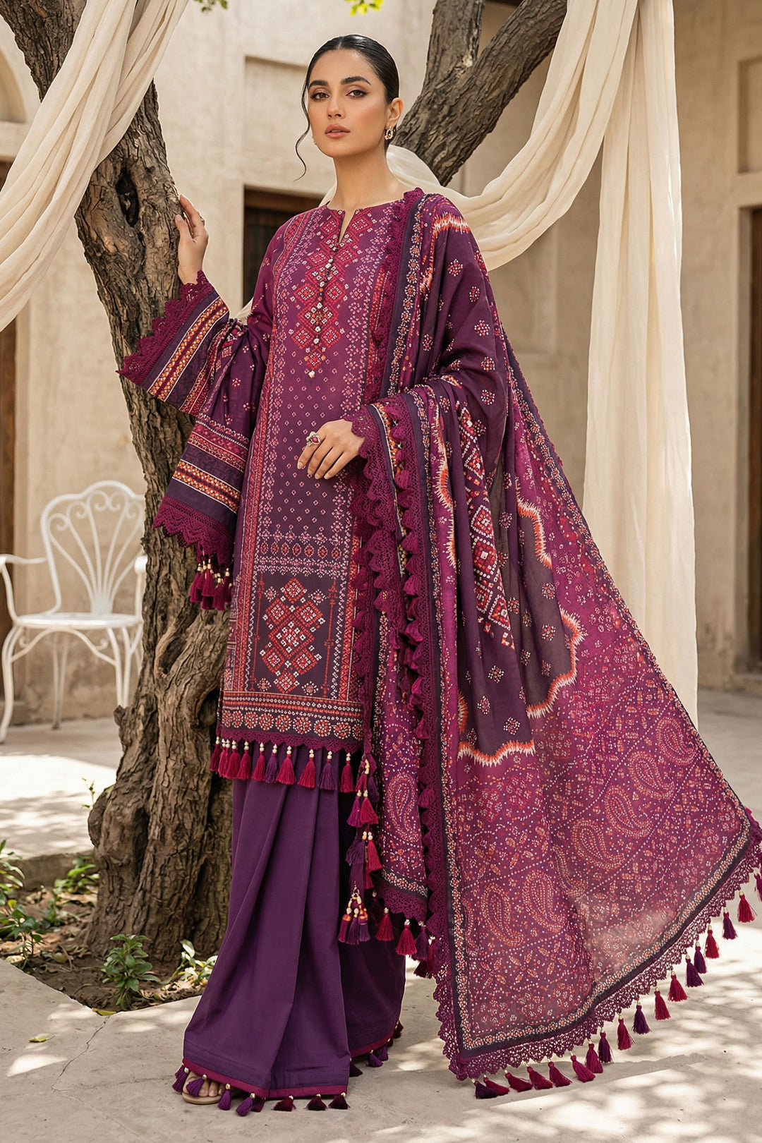Dark Raspberry 3 Piece Unstitched Premium Printed Lawn