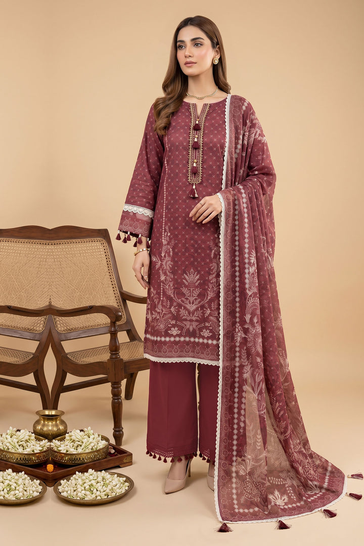 Wine 3 Piece Unstitched Premium Printed Lawn