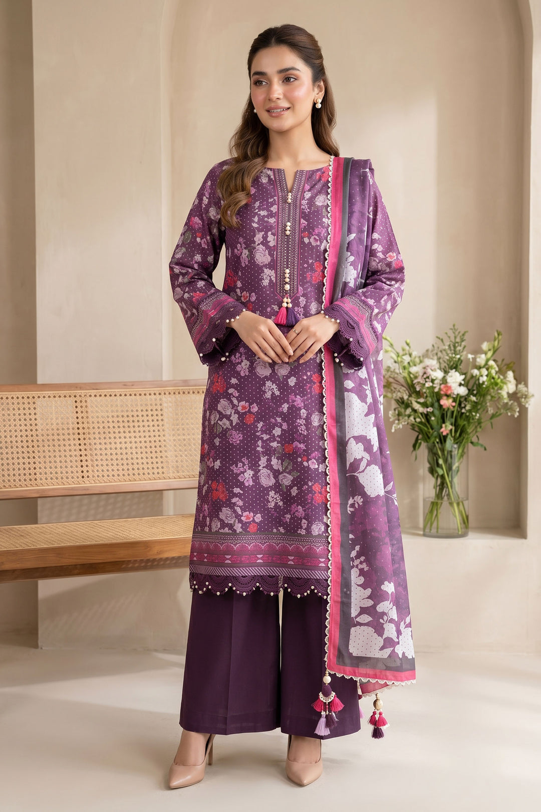 Purple 3 Piece Unstitched Premium Printed Lawn