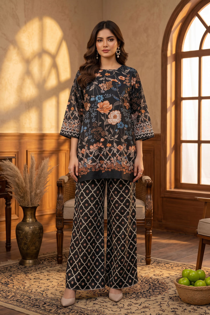 Black 2 Piece Unstitched Printed Cambric Co-Ord Set