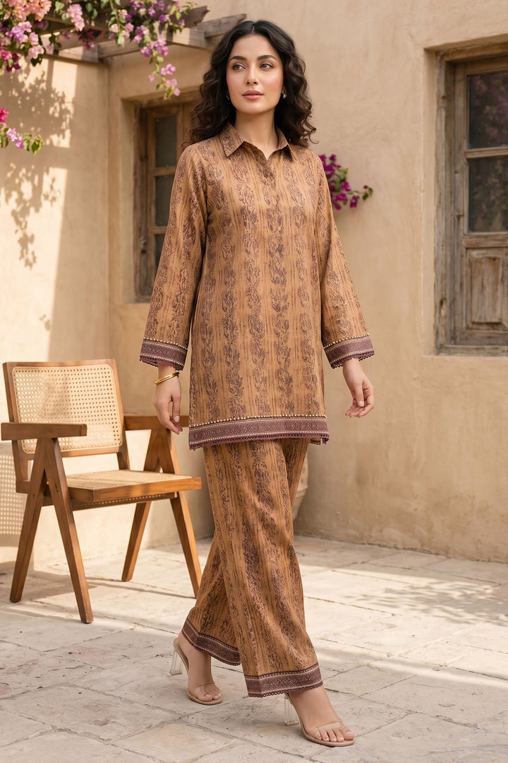 Dark Brown 2 Piece Unstitched Printed Cambric Co-Ord Set