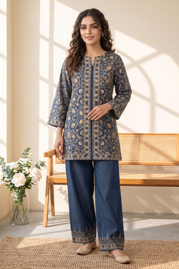 Blue 2 Piece Unstitched Printed Cambric Co-Ord Set