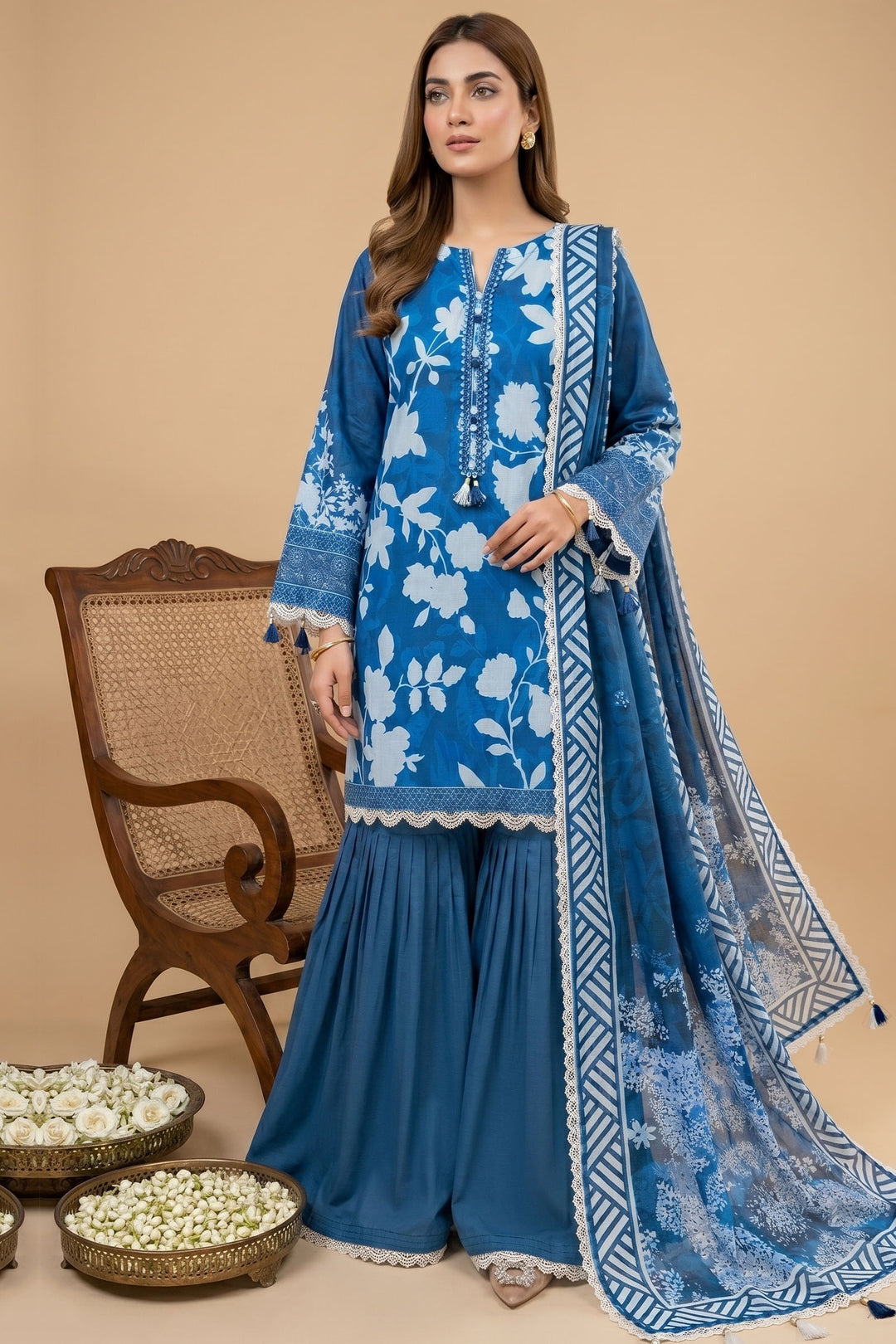 3 Piece Unstitched Blue Premium Lawn