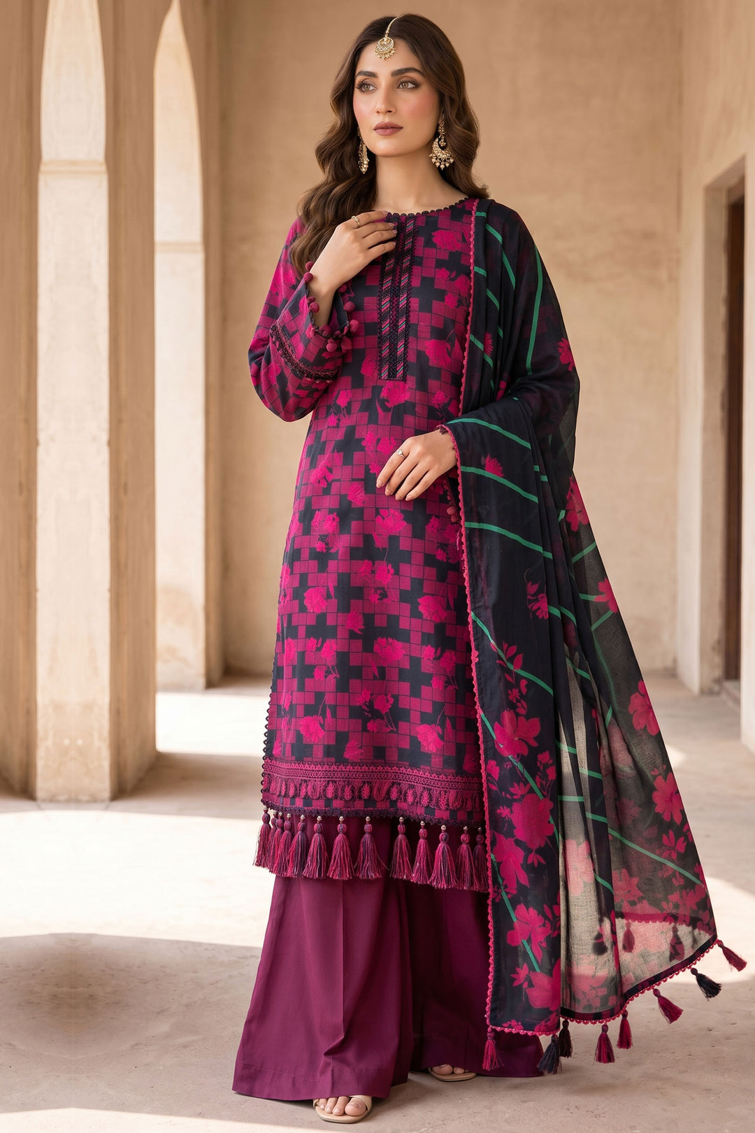 3 Piece Unstitched Maroon Premium Lawn