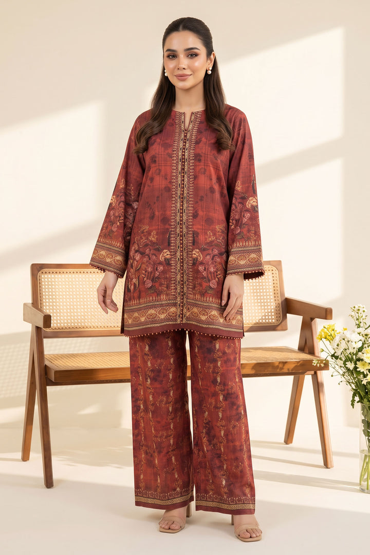 Red Brown 2 Piece Unstitched Printed Cambric Co-Ord Set