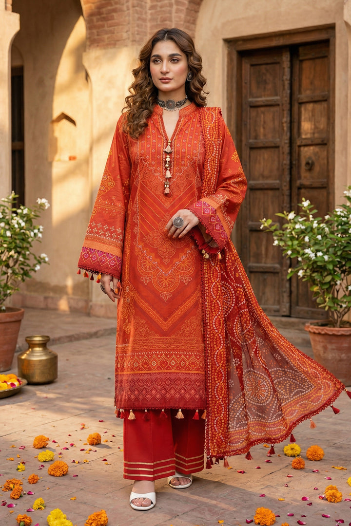 3 Piece Unstitched Orange Premium Printed Lawn