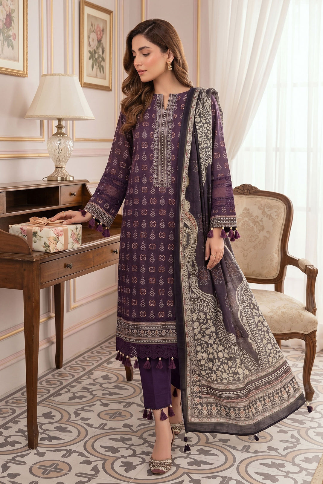 Purple 3 Piece Unstitched Premium Printed Lawn