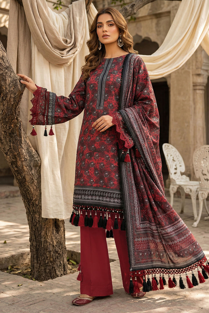 Red 3 Piece Unstitched Premium Printed Lawn