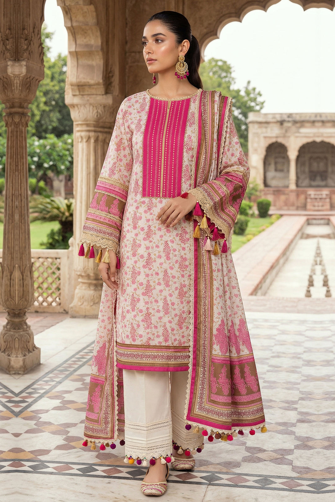 Off White 3 Piece Unstitched Premium Printed Lawn